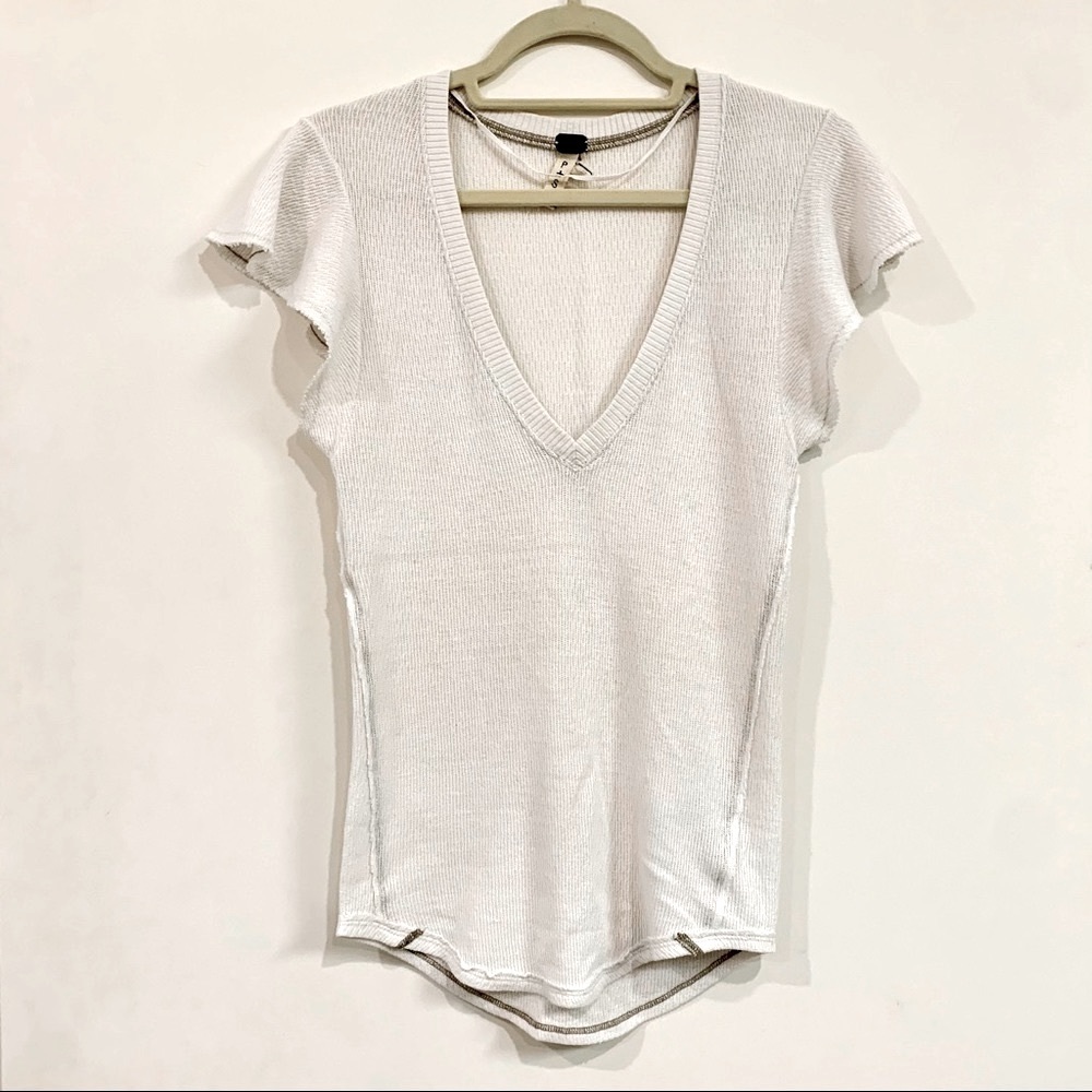 Free People White V Neck Flutter Sleeve Top